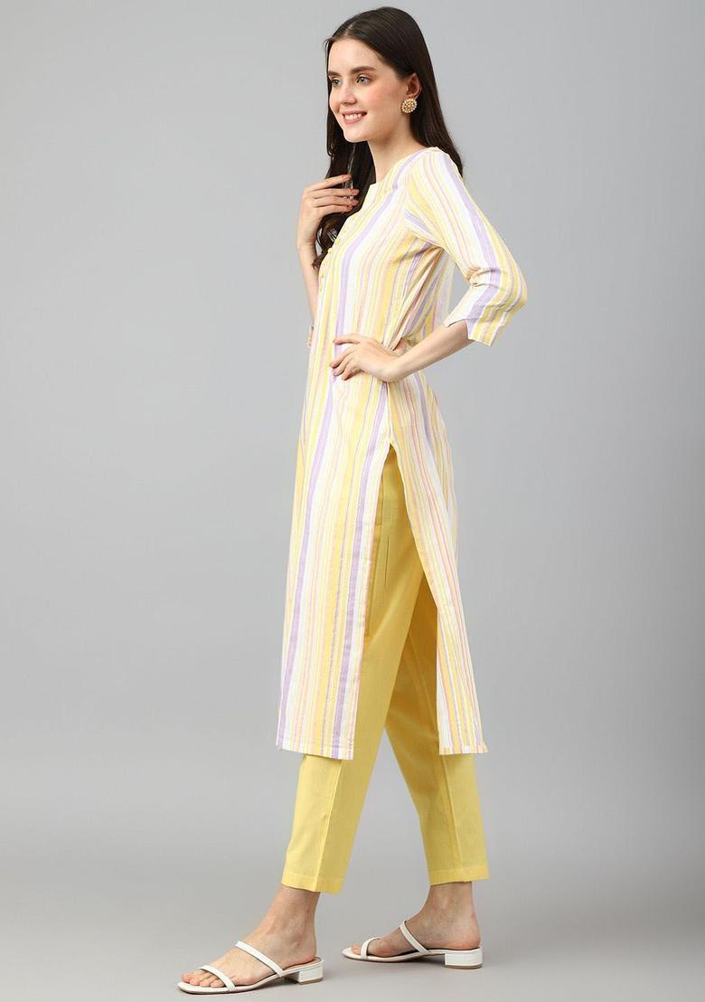 Yellow Striped Cotton Kurta Set - Indya