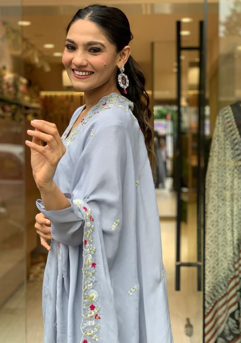 Grey Yoke Design Chinon Kurta Set - Indya