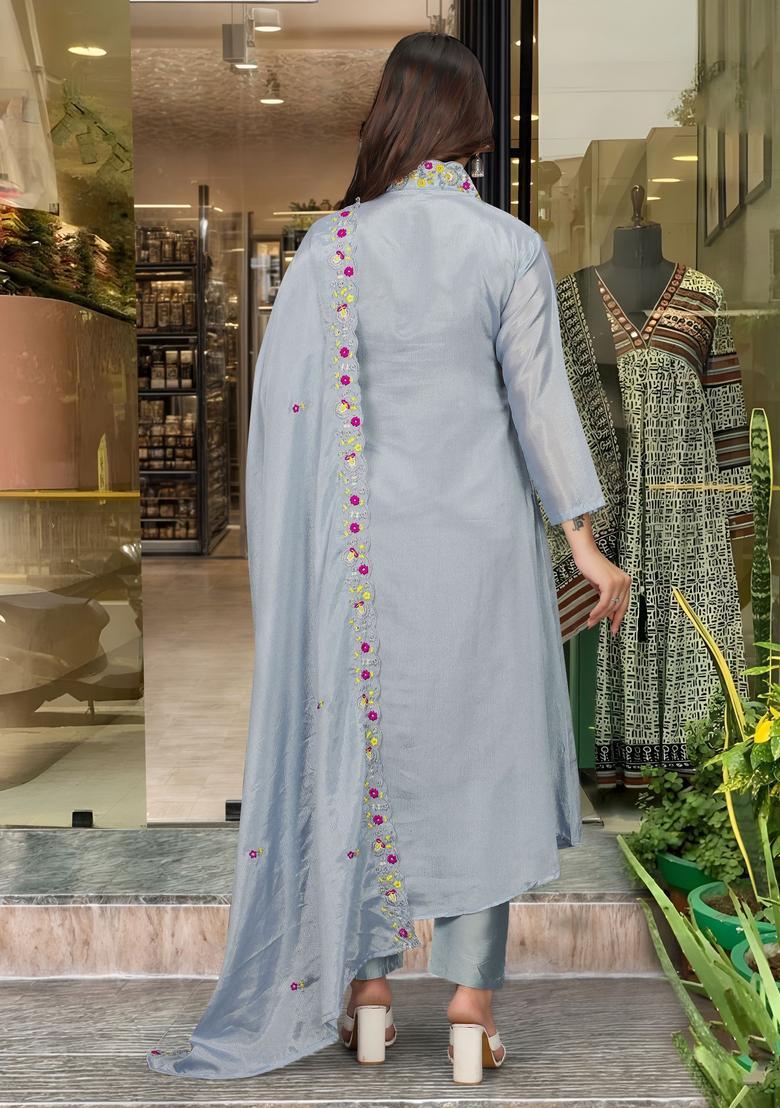 Grey Yoke Design Chinon Kurta Set - Indya