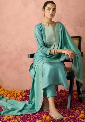 Teal Woven Design Silk Kurta Set