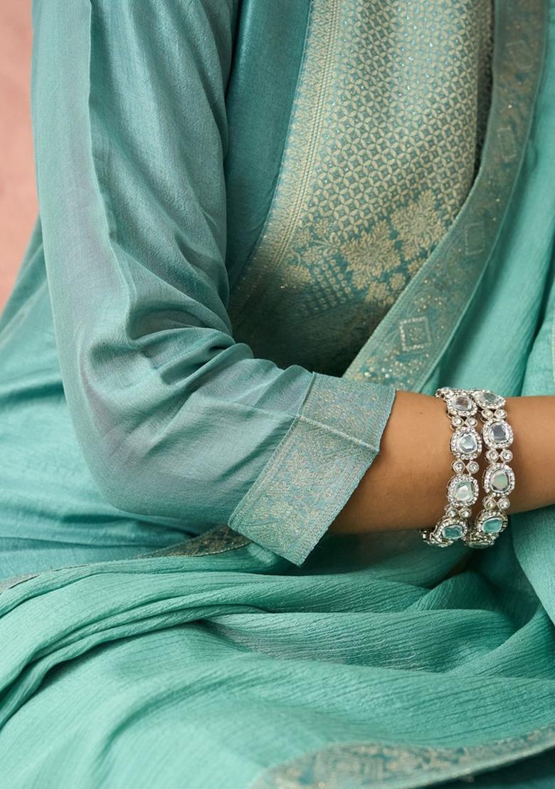 Teal Woven Design Silk Kurta Set - Indya