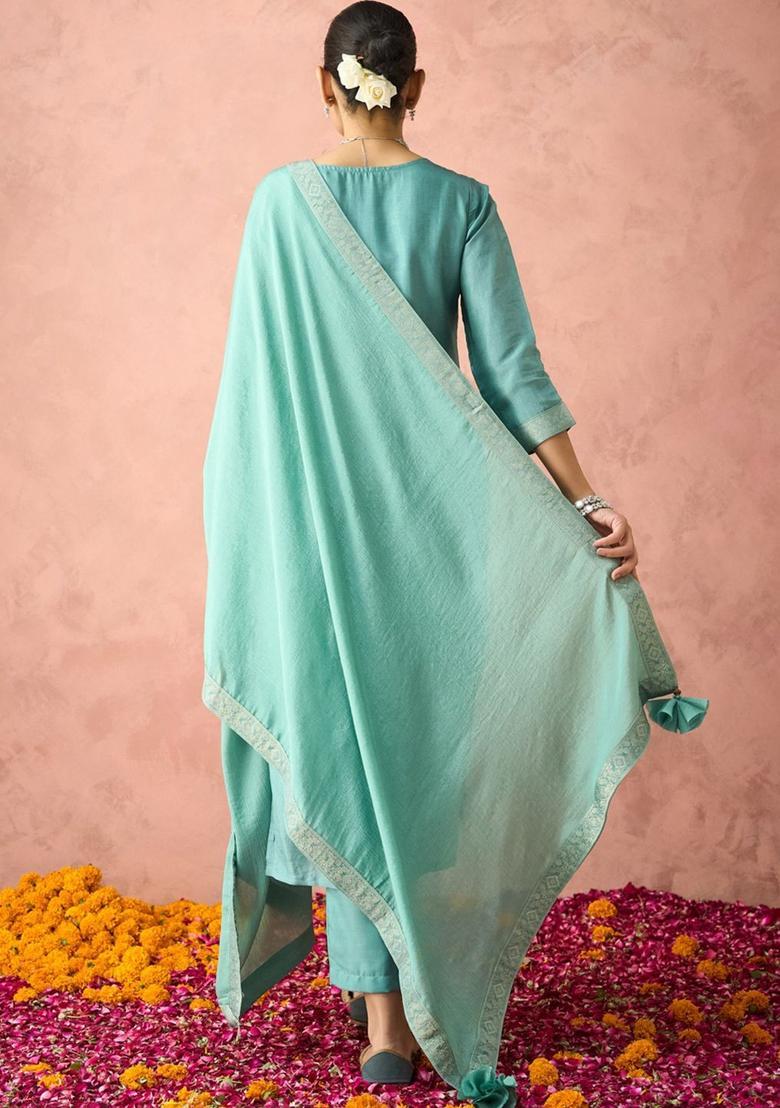 Teal Woven Design Silk Kurta Set - Indya