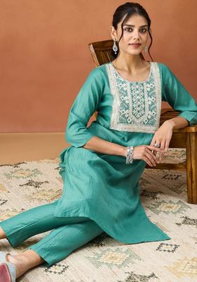 Turquoise Blue Embroidered Silk Kurta Set