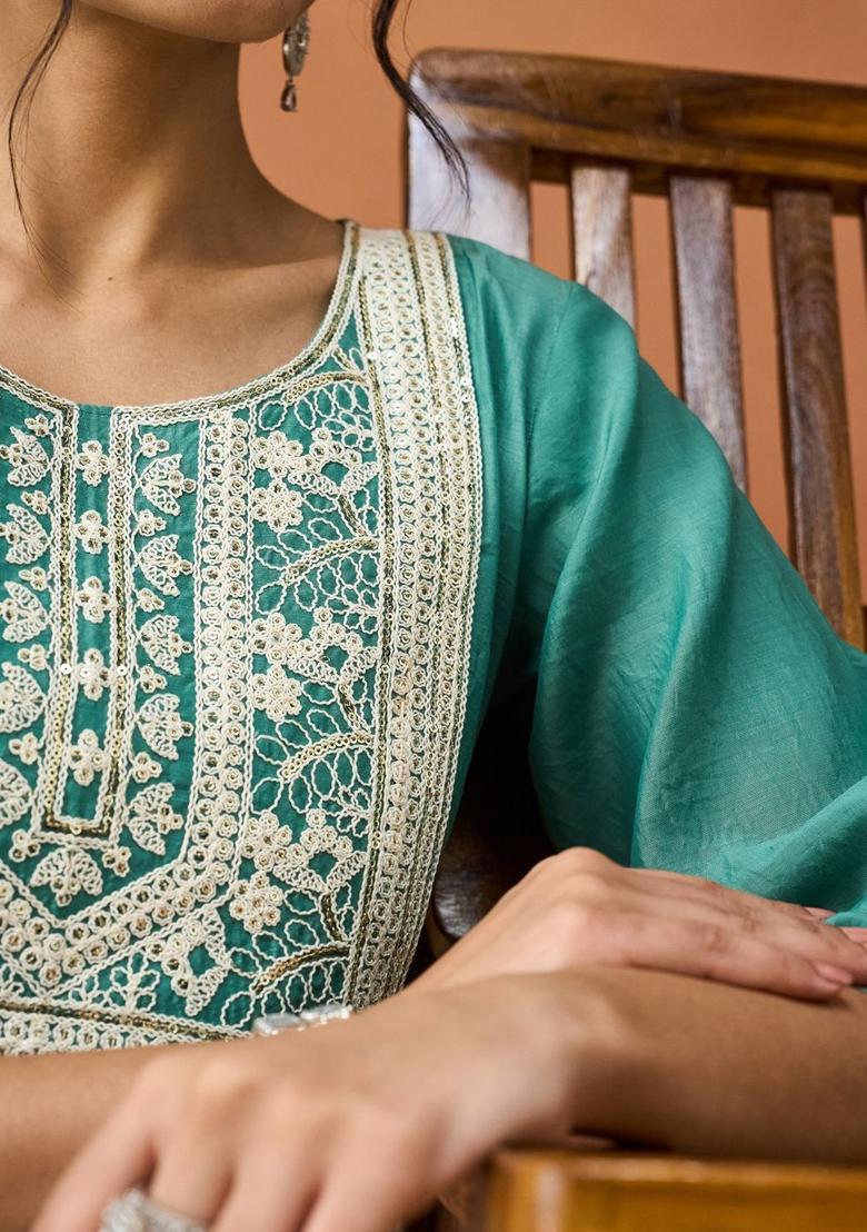 Turquoise Blue Embroidered Silk Kurta Set - Indya