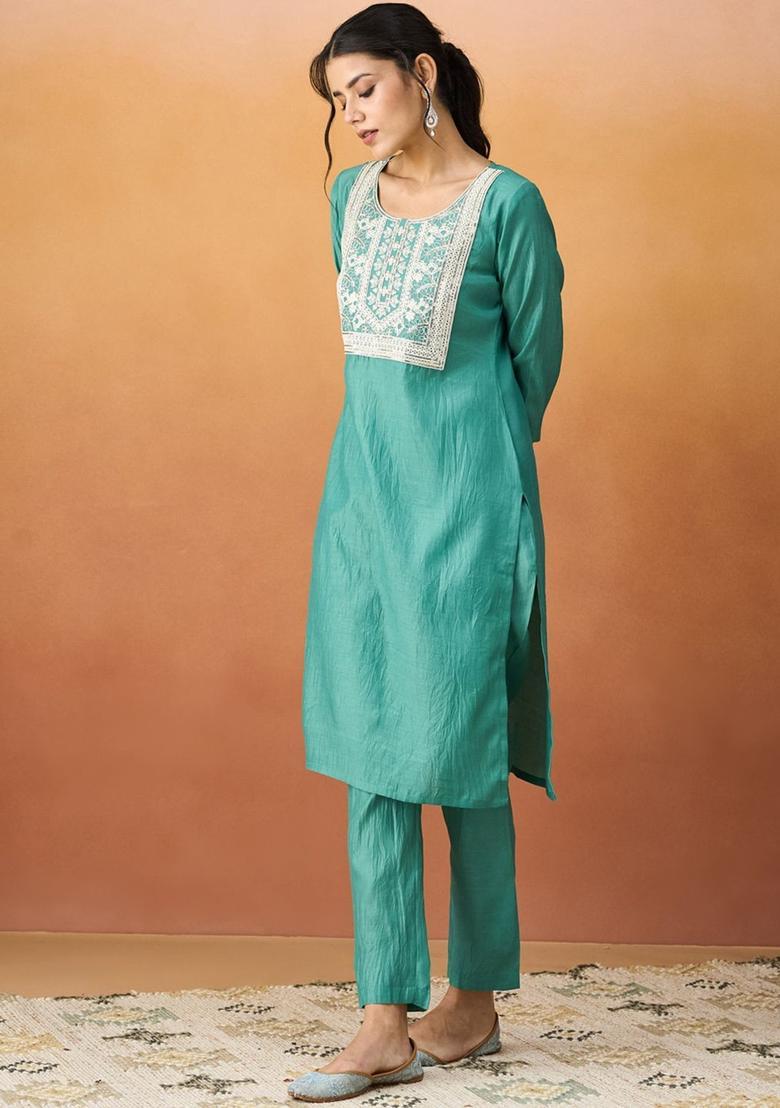 Turquoise Blue Embroidered Silk Kurta Set - Indya