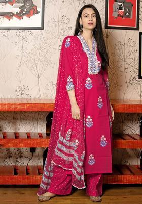 Pink Printed Viscose Kurta Set