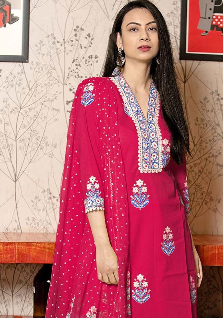 Pink Printed Viscose Kurta Set - Indya