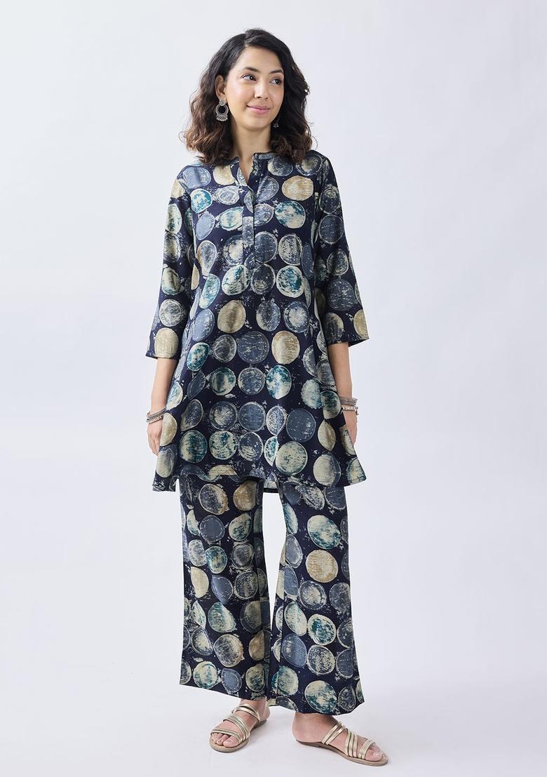 Navy Blue Printed Viscose Kurta Set - Indya