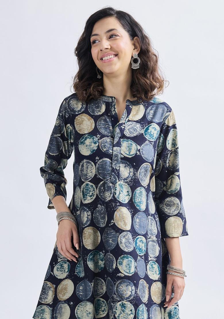 Navy Blue Printed Viscose Kurta Set - Indya