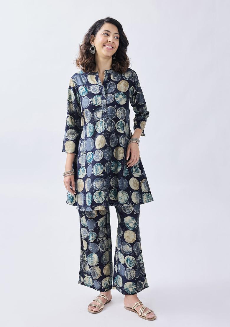 Navy Blue Printed Viscose Kurta Set - Indya