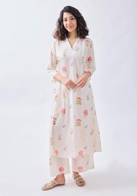 White Printed Viscose Kurta Set