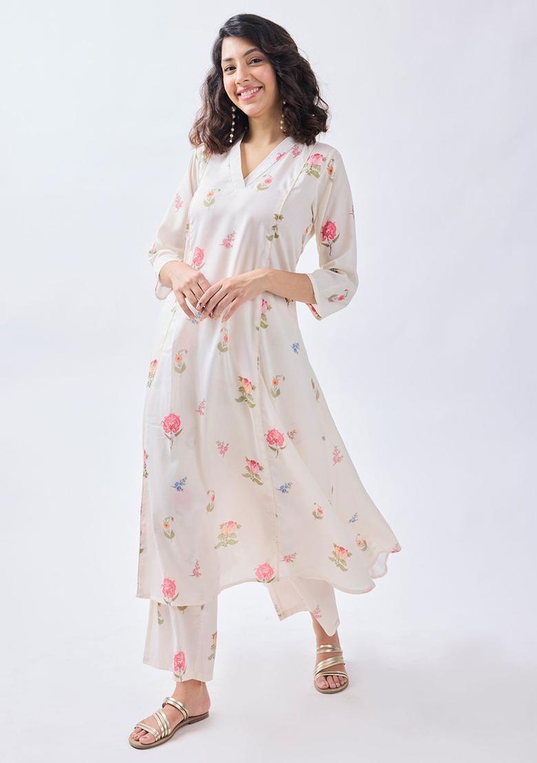 White Printed Viscose Kurta Set - Indya