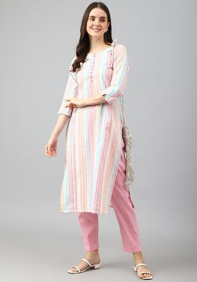 White Self Design Cotton Kurta Set
