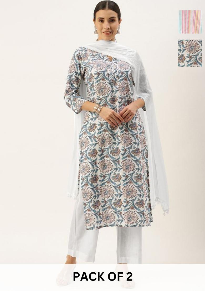 White Striped Cotton Kurta Set - Indya