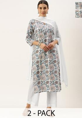 White Printed Cotton Kurta Set