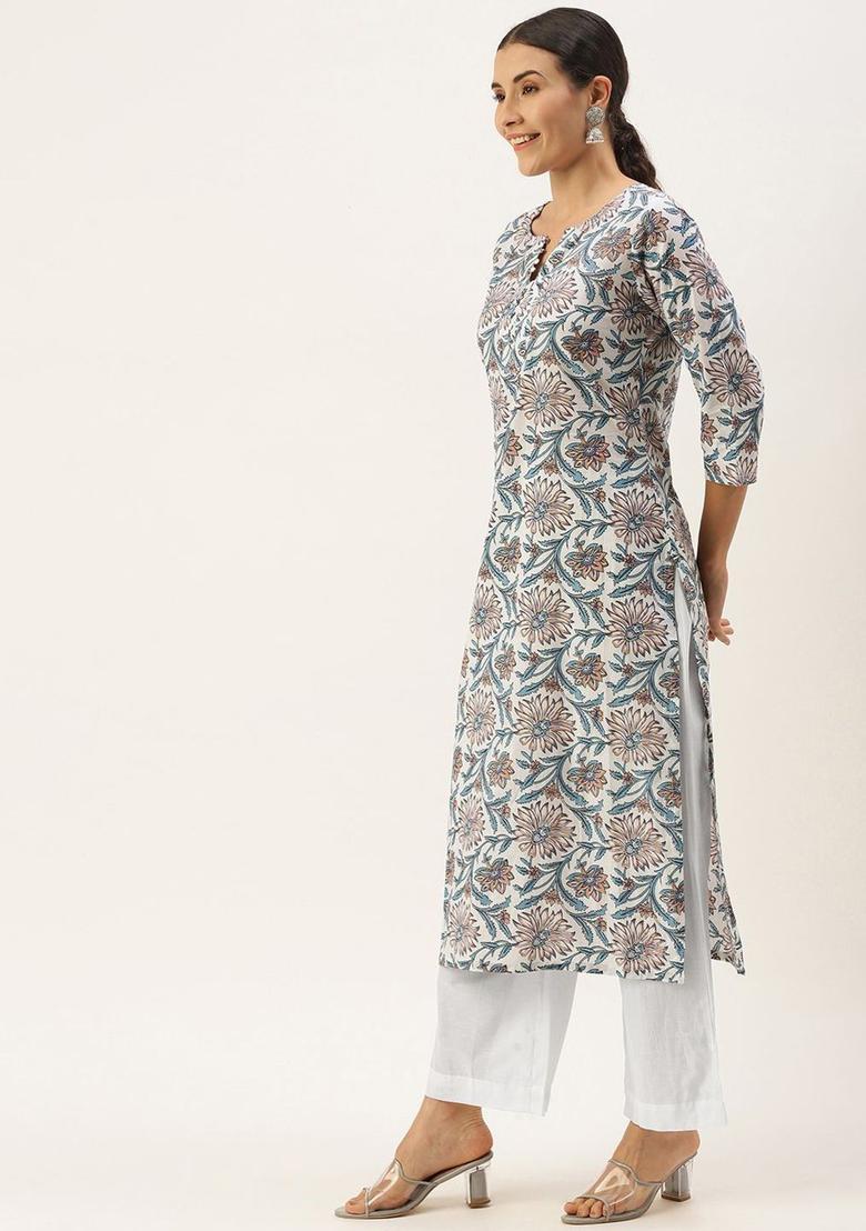 White Printed Cotton Kurta Set - Indya