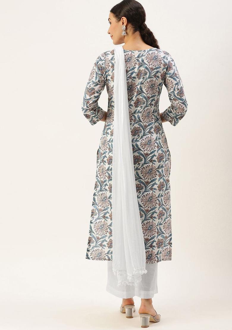 White Printed Cotton Kurta Set - Indya