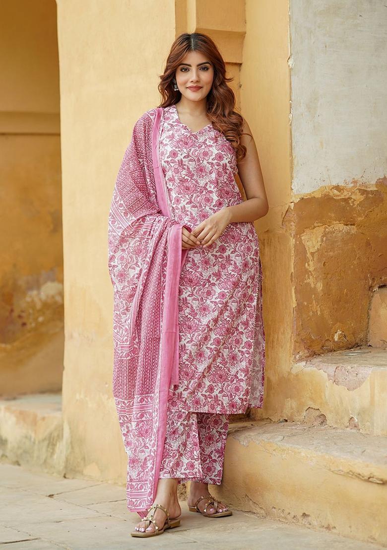 Pink Printed Cotton Kurta Set - Indya