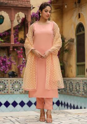Peach Solid Crepe Kurta Set