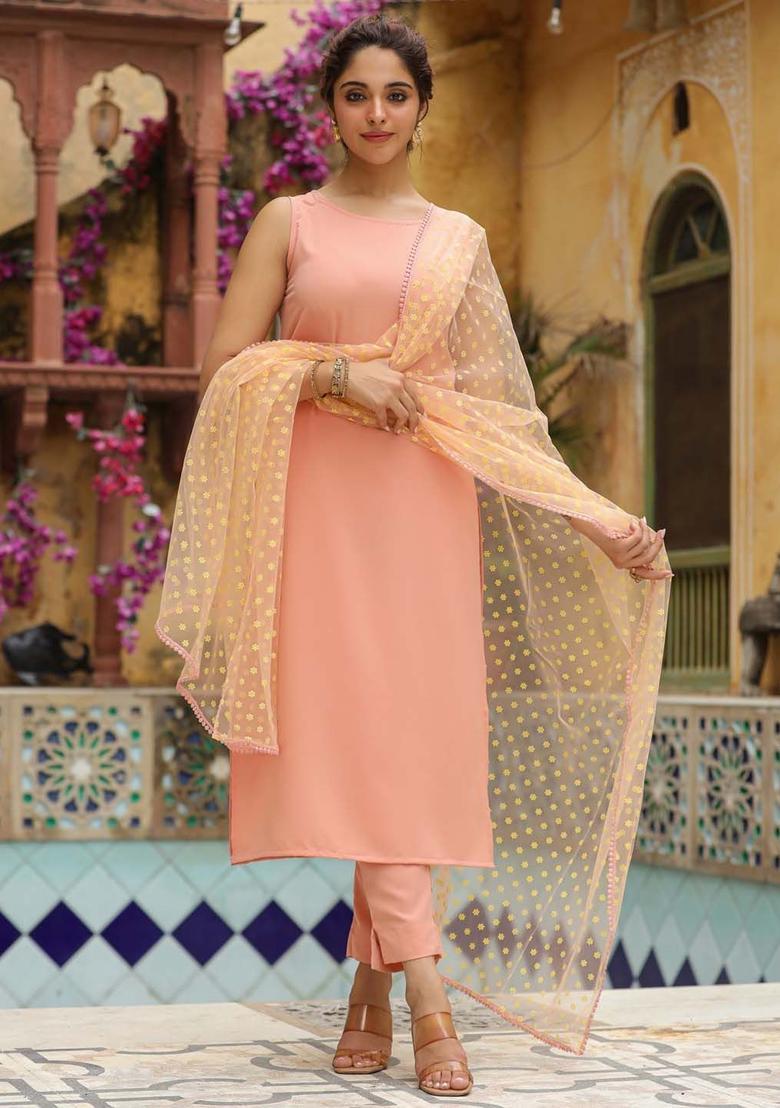 Peach Solid Crepe Kurta Set - Indya