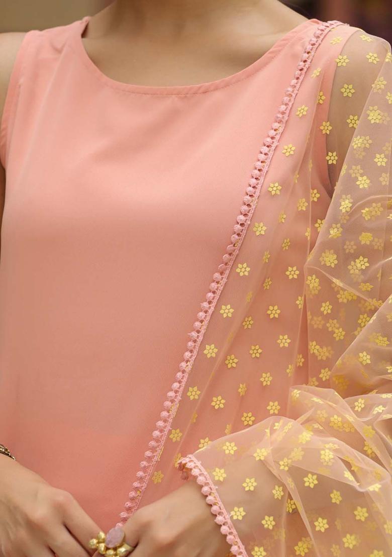 Peach Solid Crepe Kurta Set - Indya