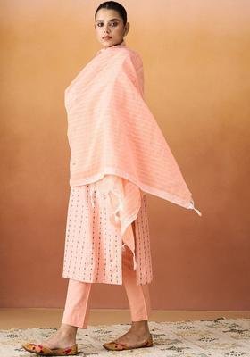 Peach Embroidered Cotton Kurta Set