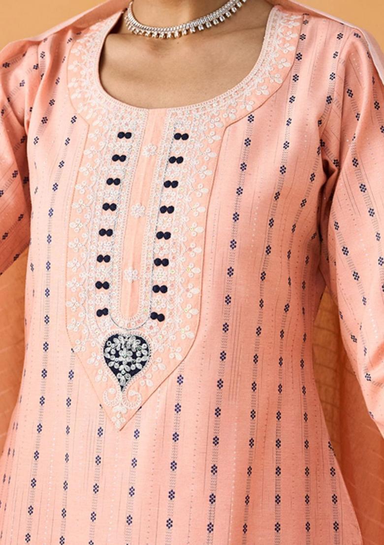 Peach Embroidered Cotton Kurta Set - Indya