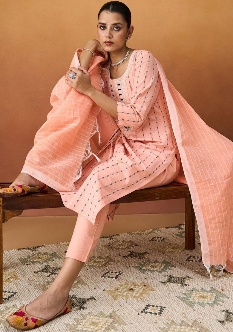 Peach Embroidered Cotton Kurta Set - Indya
