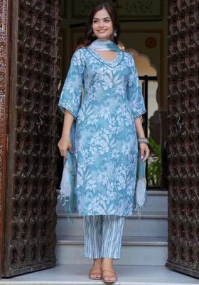 Turquoise Blue Printed Cotton Kurta Set