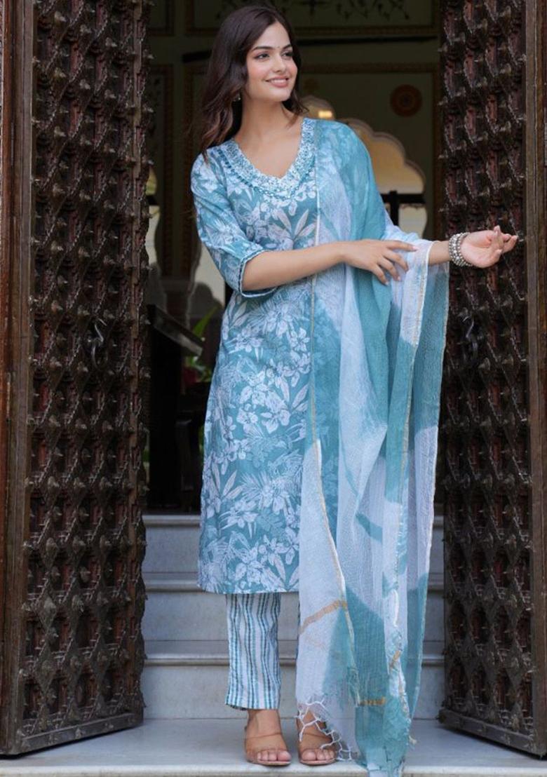 Turquoise Blue Printed Cotton Kurta Set - Indya