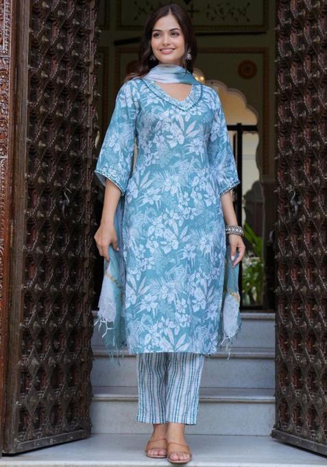 Turquoise Blue Printed Cotton Kurta Set