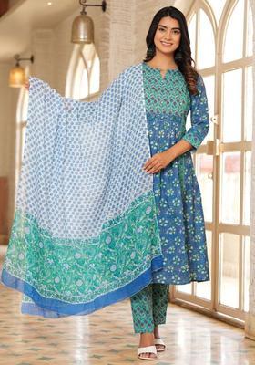 Blue Printed Cotton Kurta Set