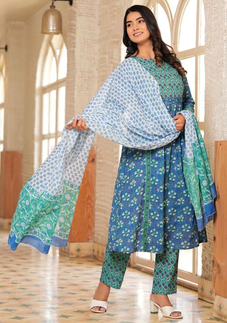 Blue Printed Cotton Kurta Set - Indya