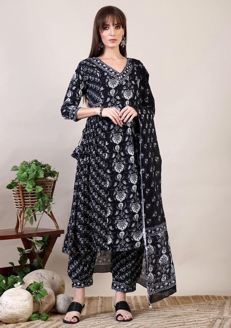 Black Printed Cotton Kurta Set - Indya