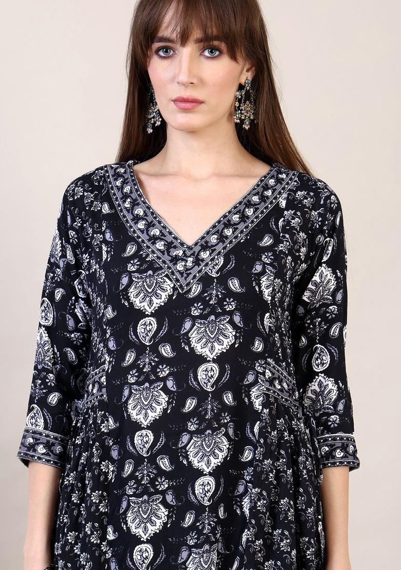 Black Printed Cotton Kurta Set - Indya