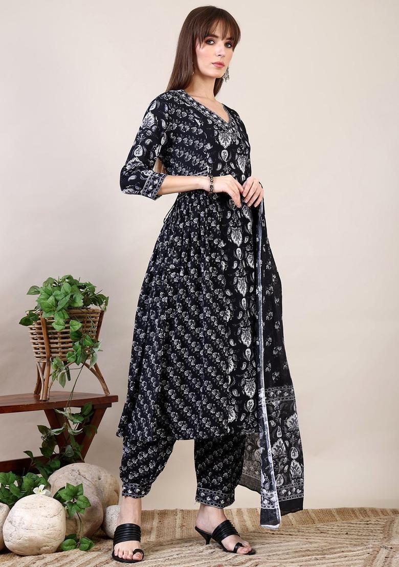 Black Printed Cotton Kurta Set - Indya