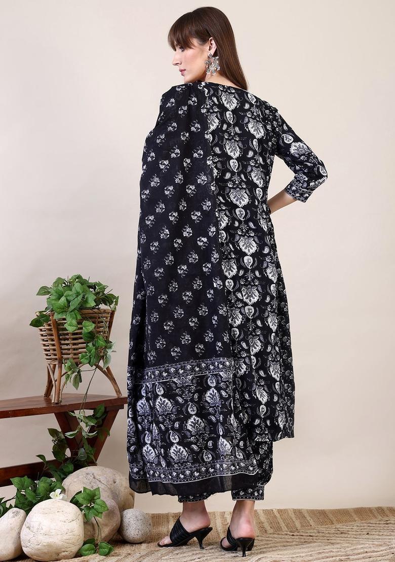 Black Printed Cotton Kurta Set - Indya
