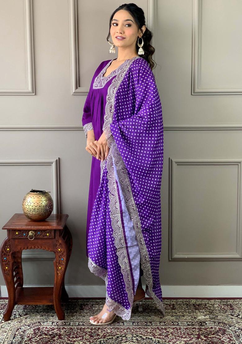 Purple Yoke Design Viscose Kurta Set - Indya