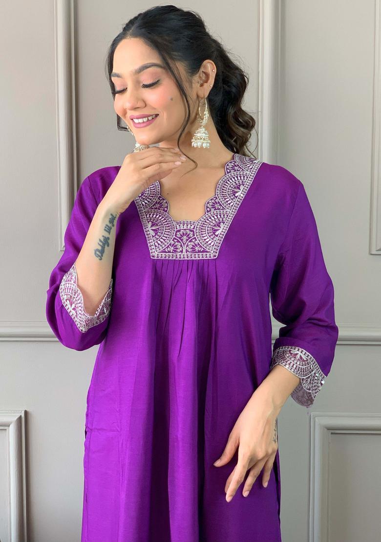 Purple Yoke Design Viscose Kurta Set - Indya