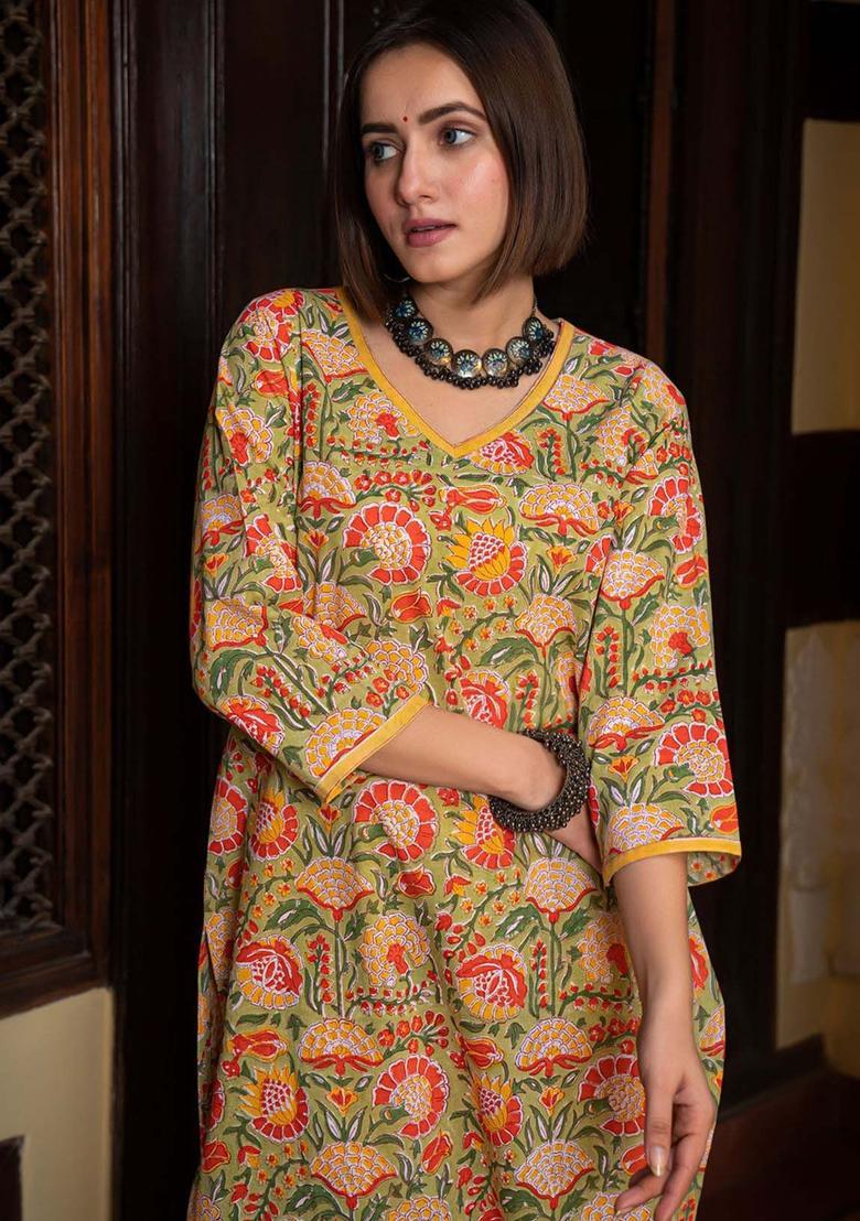 Green Printed Cotton Kurta Set - Indya
