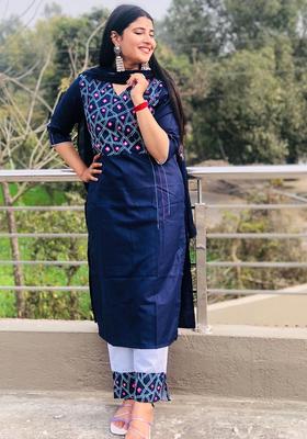 Navy Blue Embroidered Cotton Kurta Set