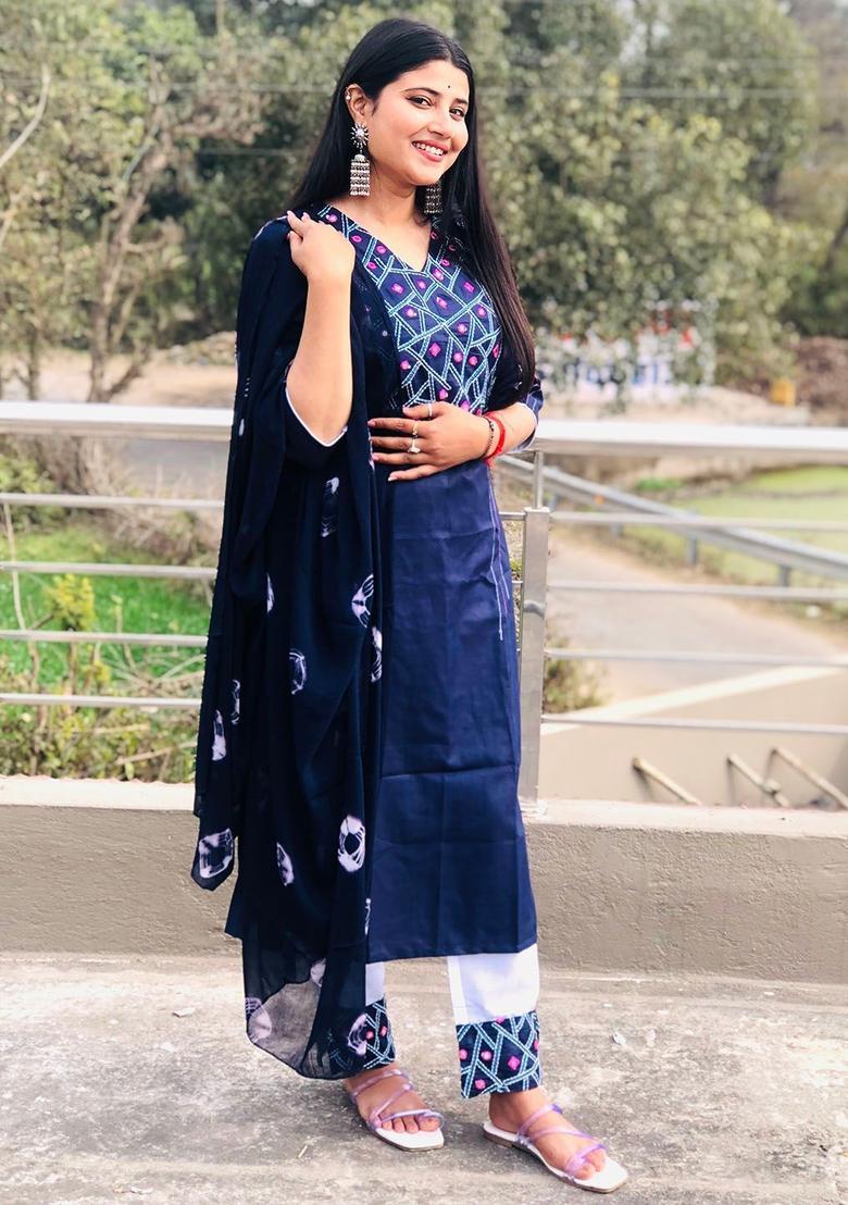 Navy Blue Embroidered Cotton Kurta Set - Indya