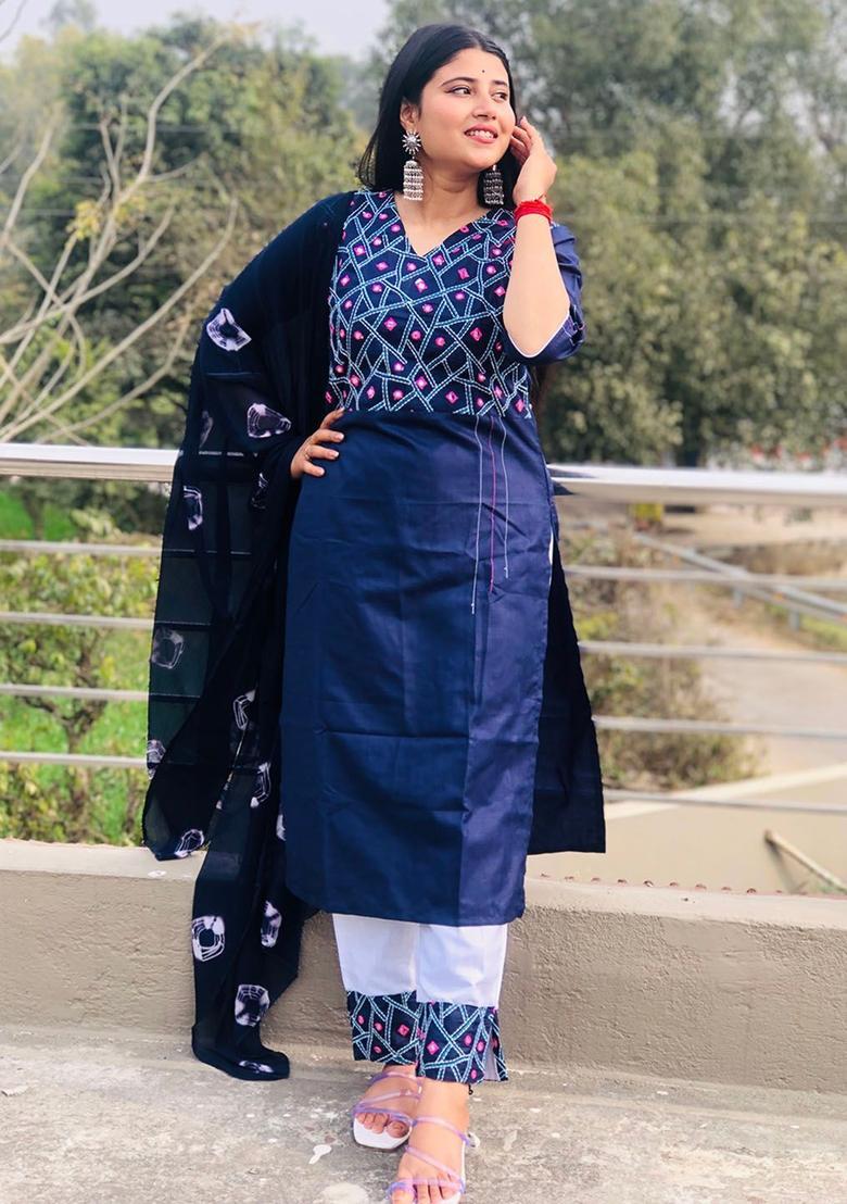Navy Blue Embroidered Cotton Kurta Set - Indya