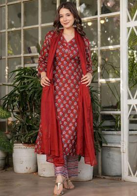 Maroon Printed Cotton Kurta Set