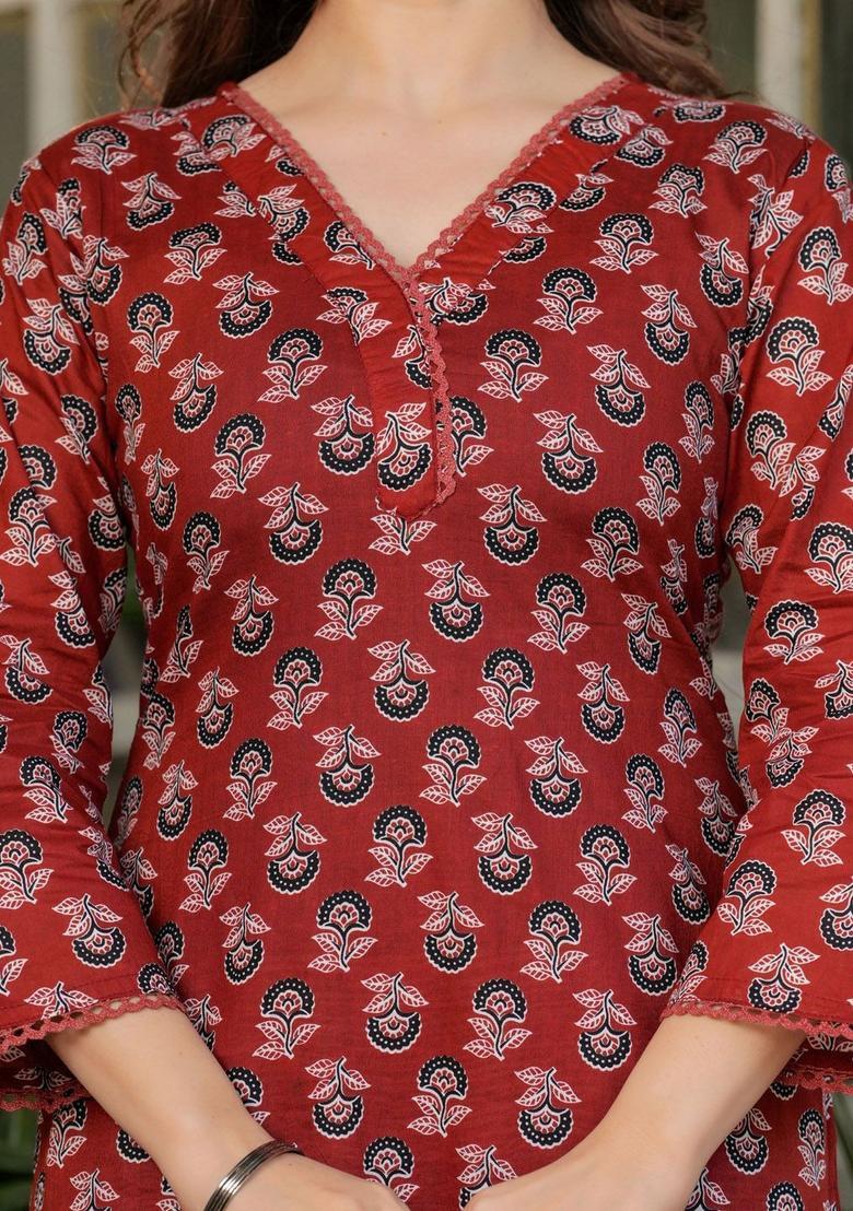 Maroon Printed Cotton Kurta Set - Indya