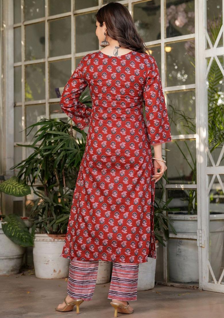 Maroon Printed Cotton Kurta Set - Indya