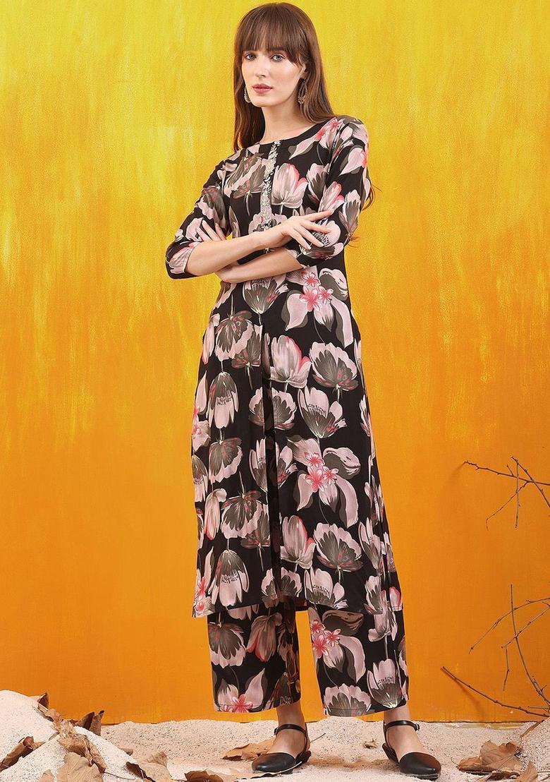 Black Printed Viscose Kurta Set - Indya