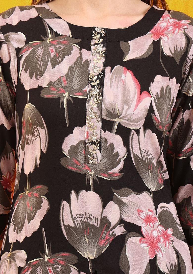 Black Printed Viscose Kurta Set - Indya