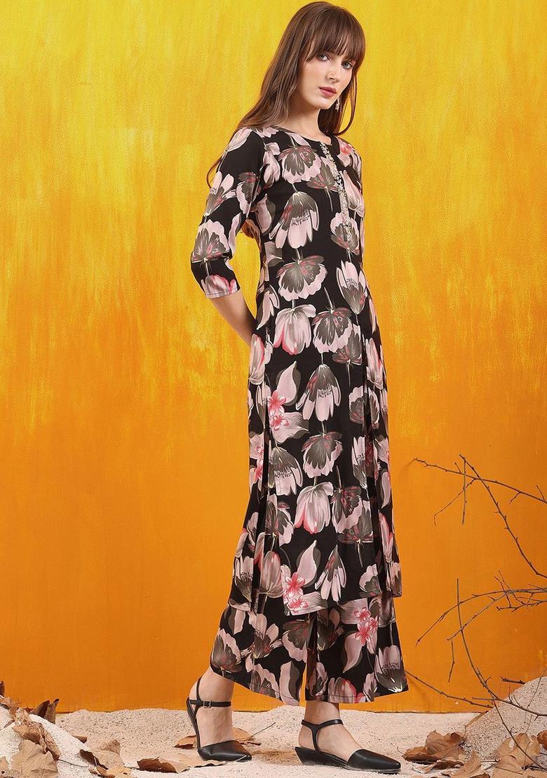 Black Printed Viscose Kurta Set - Indya