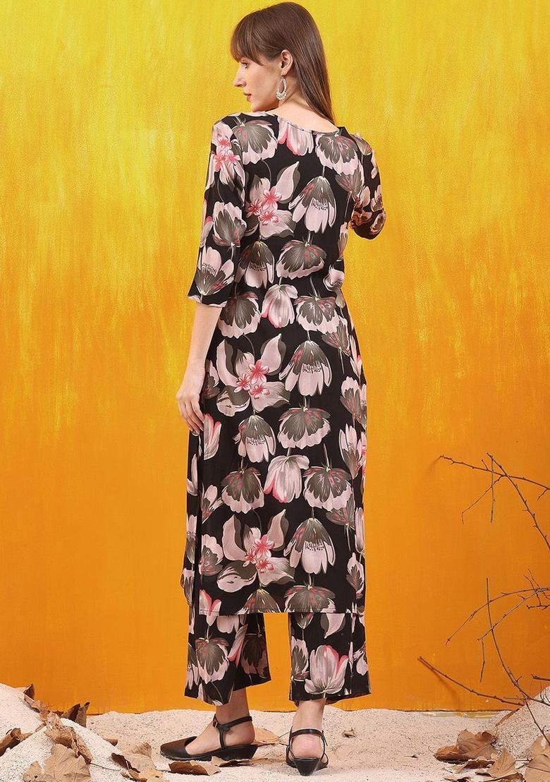 Black Printed Viscose Kurta Set - Indya